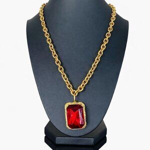 Vintage Gold Tone Chain Necklace w/ Red Faceted Crystal Pendant 19”